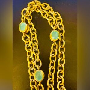 Vintage Gold Brass Chain and Faceted Light Green Stone Necklace